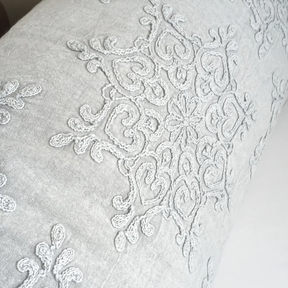 Gorgeous Muted Blue Grey Denim Batik Floral Style Long Bolster Pillow 16